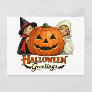 Carte Postale Enfants vintage avec citrouilles géantes Halloween