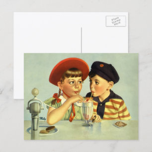 Carte Postale Enfants vintage, garçon et fille partageant un sha
