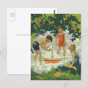 Carte Postale Enfants vintage jouant avec des voiliers jouets su