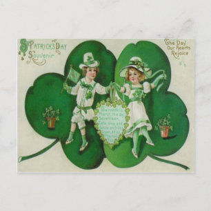 Carte Postale Enfants Vintage Trèfle Souvenir Saint-Patrick