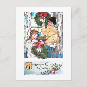 Carte Postale Enfants vintages à la fenêtre avec couronnes de No