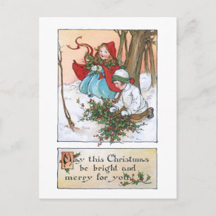 Carte Postale Enfants vintages en neige avec Noël Holly