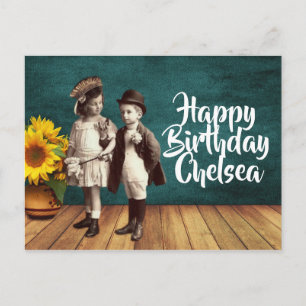 Carte Postale Enfants vintages et tournesol Anniversaire personn