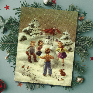 Carte Postale Enfants vintages faisant un bonhomme de neige