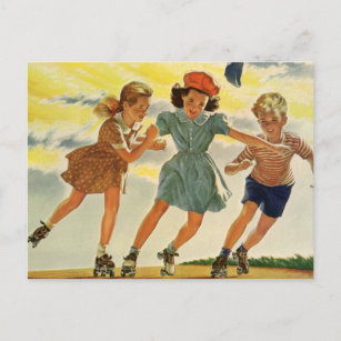 Carte Postale Enfants vintages, Garçons Fun Roller Patinage
