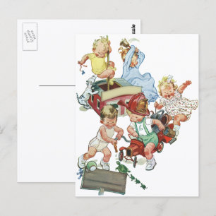 Carte Postale Enfants vintages Jouer avec des camions de pompier