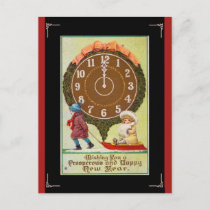 Carte Postale Enfants vintages sous l'horloge Bonne année