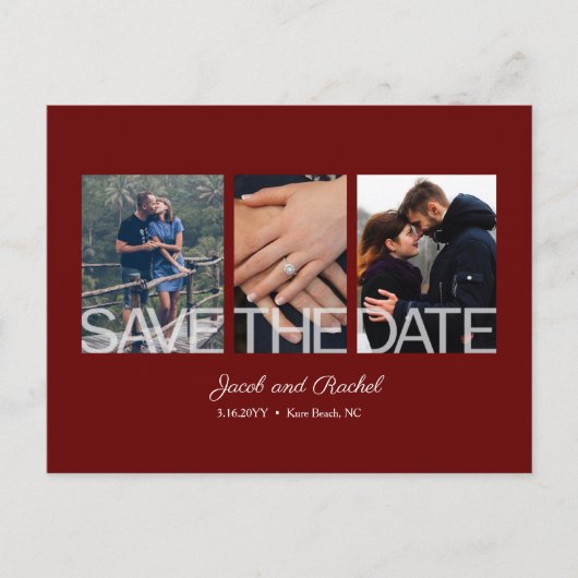 Carte Postale Enregistrer la date 3-Photo Collage Mariage rouge (Devant)
