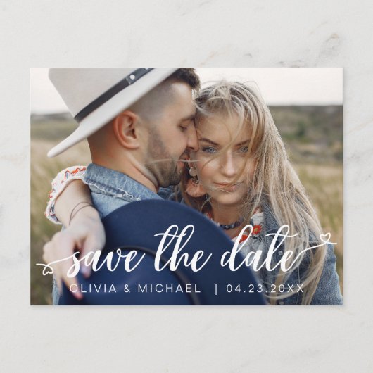 Carte Postale Enregistrer la date Blanc manuscrite Coeurs photo (Devant)