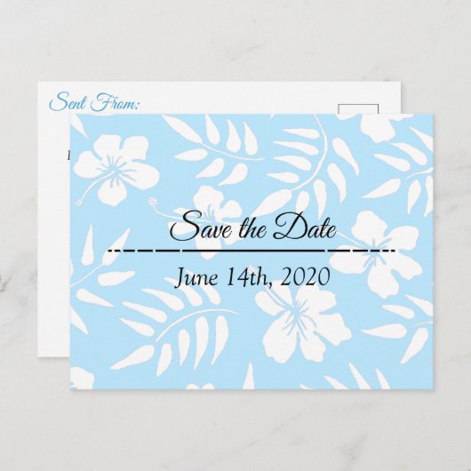 Carte Postale Enregistrer la date Bleu Hibiscus Tropical Thème (Devant / Derrière)