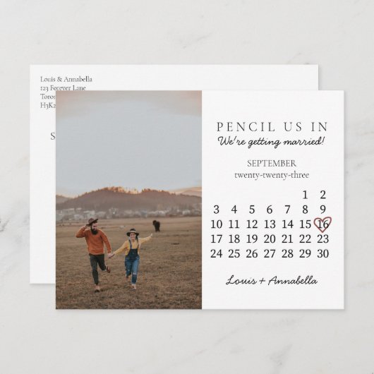 Carte Postale Enregistrer la date Calendrier Coeur Rose Septembr (Devant / Derrière)