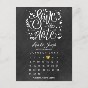 Carte Postale Enregistrer la date Calendrier Gold Heart Chalkboa