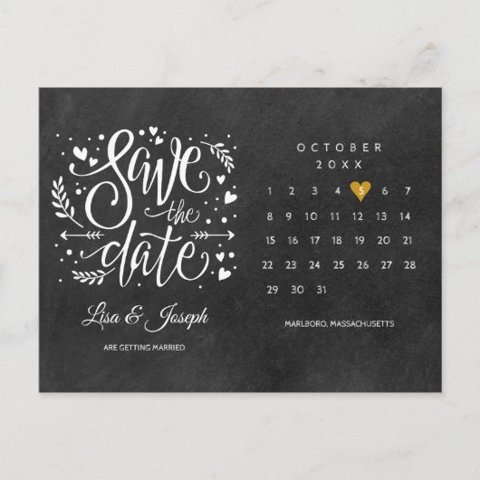 Carte Postale Enregistrer la date Calendrier Gold Love Heart Cha (Devant)