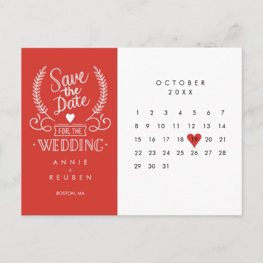 Carte Postale Enregistrer la date Calendrier Red Love Heart Cart (Devant)