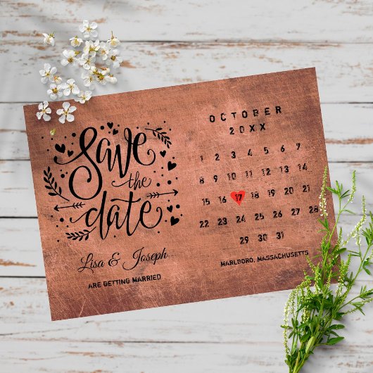 Carte Postale Enregistrer la date Calendrier Red Love Heart Rust