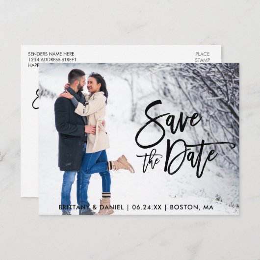 Carte Postale Enregistrer La Date Couple Photo Moderne Brush Scr (Devant / Derrière)