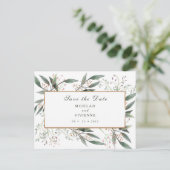 Carte Postale Enregistrer la date élégante feuille verte or (Debout devant)