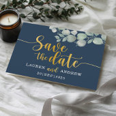 Carte Postale Enregistrer la date Eucalyptus Navy & Gold Mariage