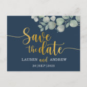 Carte Postale Enregistrer la date Eucalyptus Navy & Gold Mariage (Devant)