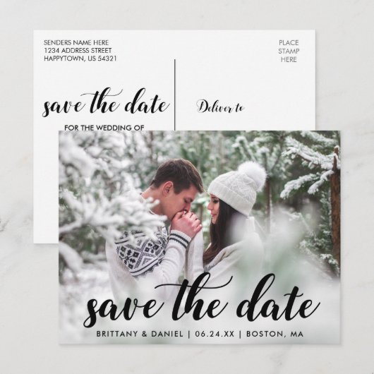 Carte Postale Enregistrer La Date Fiançailles Photo Modern Scrip (Devant / Derrière)