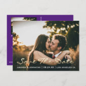 Carte Postale Enregistrer la date Golden Script photo violet (Devant / Derrière)