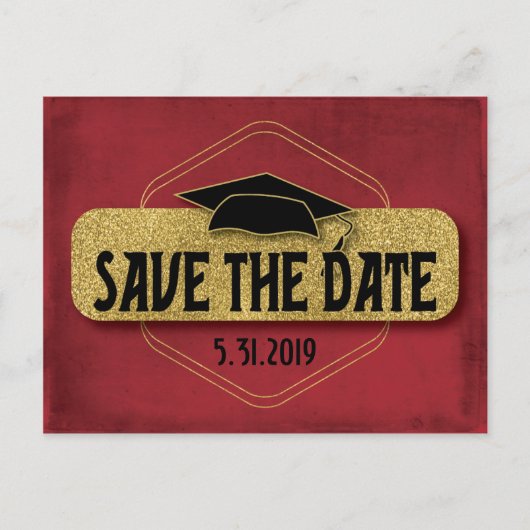 Carte Postale Enregistrer La Date Graduation Modern Red Gold (Devant)