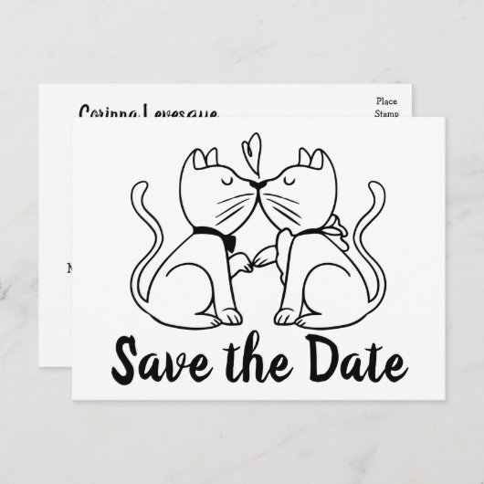 Carte Postale Enregistrer la date Mariage noir blanc  chats Fian (Devant / Derrière)