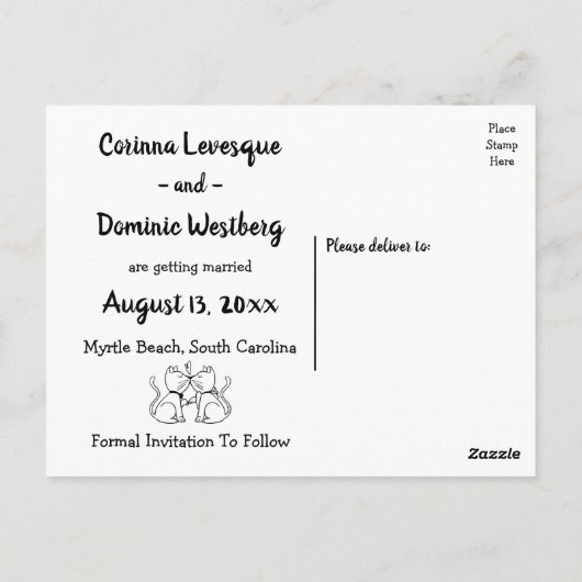 Carte Postale Enregistrer la date Mariage noir blanc  chats Fian (Dos)
