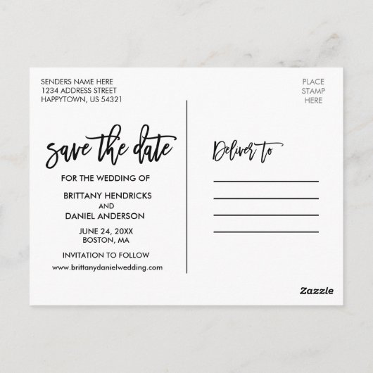Carte Postale Enregistrer La Date Moderne Brosse Script Couple P (Dos)