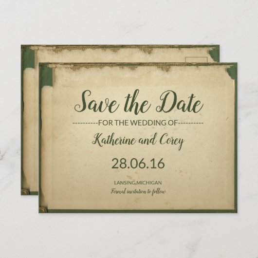 Carte Postale Enregistrer La Date Parchemin Mariage Vert & Beige (Devant / Derrière)