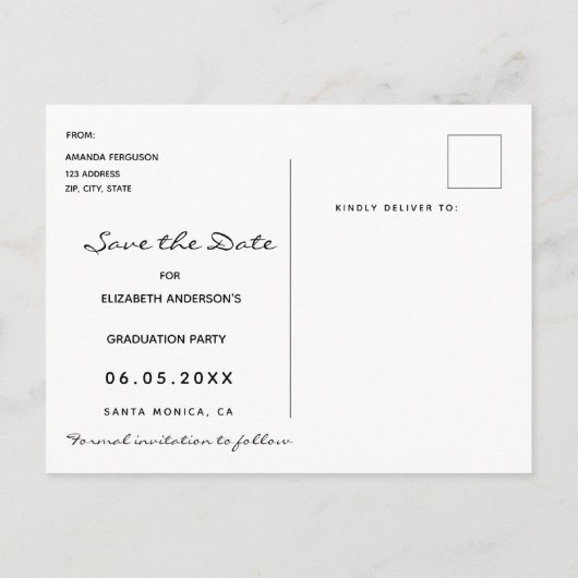 Carte Postale Enregistrer la date photo fête de graduation noir (Dos)