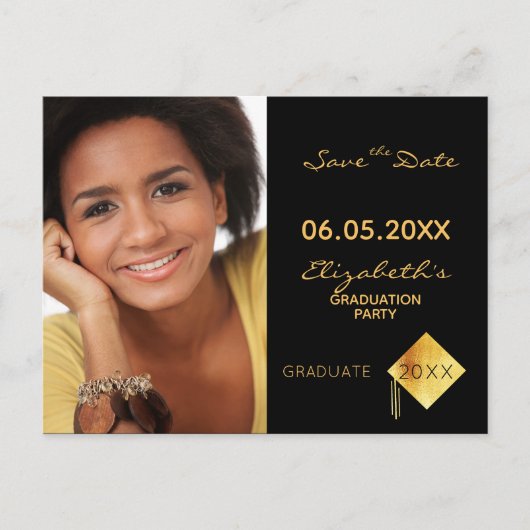Carte Postale Enregistrer la date photo fête de graduation noir (Devant)
