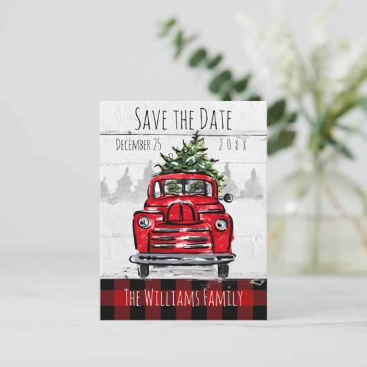 Carte Postale Enregistrer la date Retro Red Truck and Tree Postc (Debout devant)