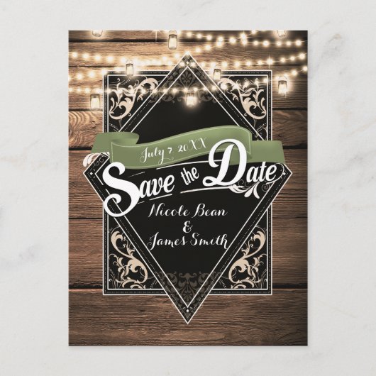 Carte Postale Enregistrer la date Rustic Wood & Lights Fiançaill (Devant)
