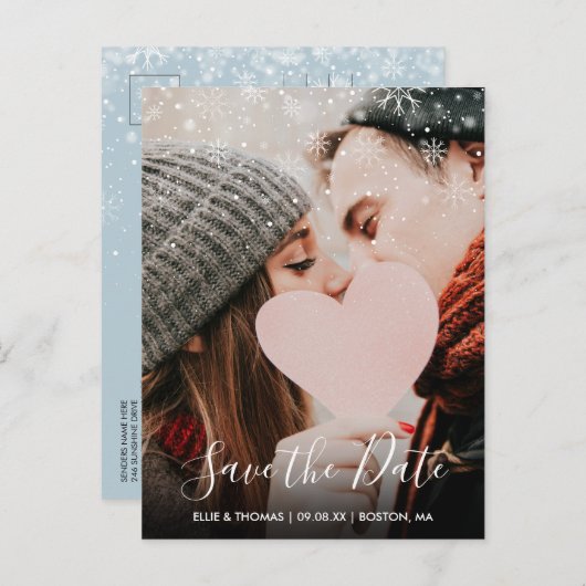 Carte Postale Enregistrer la date Script Winter Snowflakes Photo (Devant / Derrière)