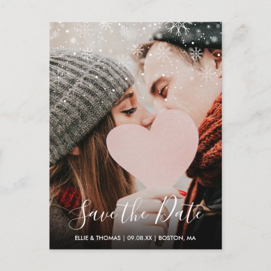 Carte Postale Enregistrer la date Script Winter Snowflakes Photo (Devant)