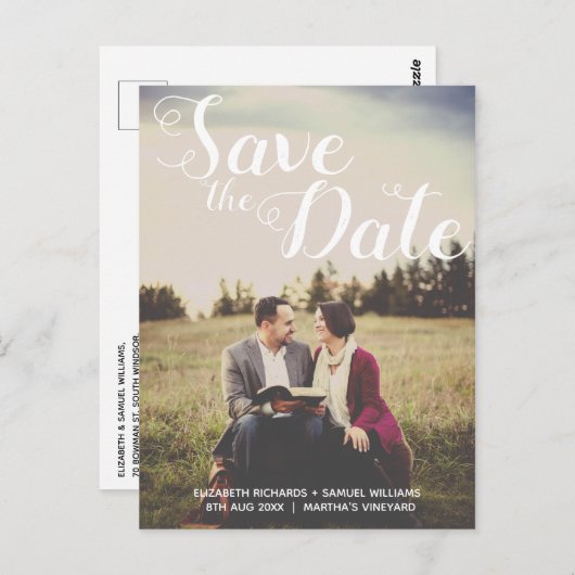 Carte Postale Enregistrer la date Whimsical White Script Photo O (Devant / Derrière)