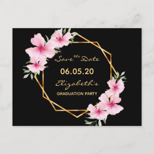 Carte Postale Enregistrer la graduation Date Floraux rose noir