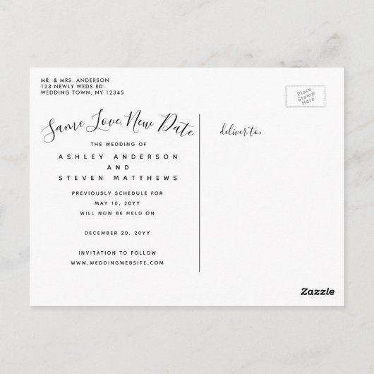 Carte Postale Enregistrer l'amour Nouvelle Date Script Mariage p (Dos)