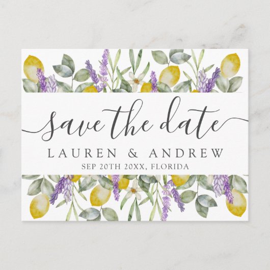 Carte Postale Enregistrer le Mariage Date Lemons & Lavender (Devant)