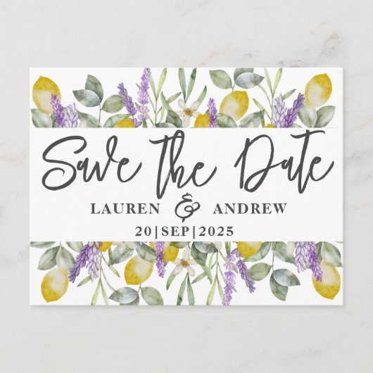 Carte Postale Enregistrer le Mariage Date Lemons & Lavender (Devant)