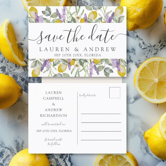 Carte Postale Enregistrer le Mariage Date Lemons & Lavender