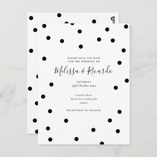 Carte Postale Enregistrer le Mariage de date Pois noir et blanc (Devant / Derrière)