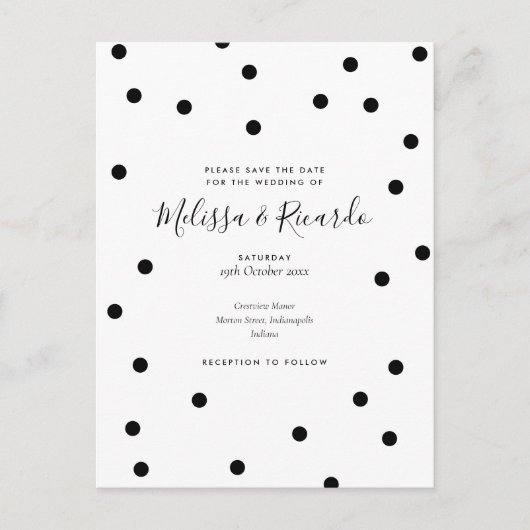 Carte Postale Enregistrer le Mariage de date Pois noir et blanc (Devant)