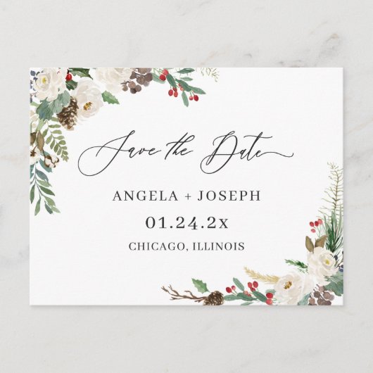 Carte Postale Enregistrer le script de date Rustic Winter Floral (Devant)
