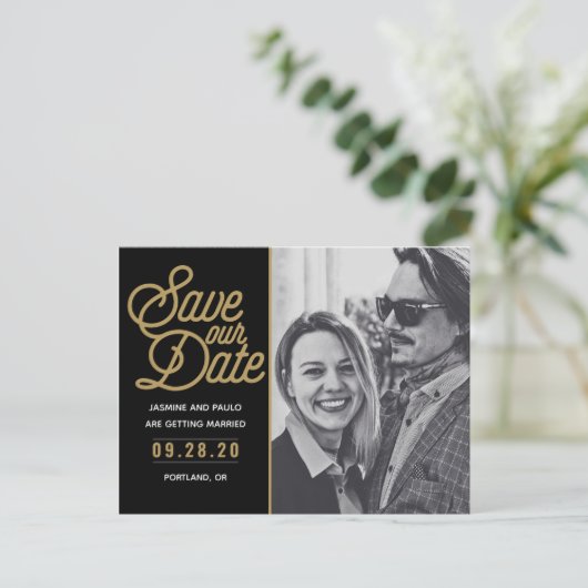 Carte Postale Enregistrer notre date Modern Script Mariage photo (Debout devant)