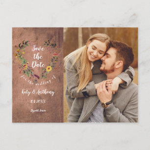 Carte Postale Enregistrez la Date Fleur de Cœur Bois Rustique Ph