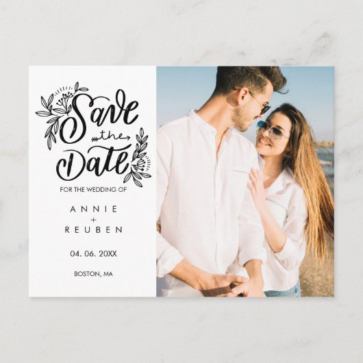 Carte Postale Enregistrez la date Floral Main Script Photo Simpl (Devant)