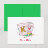 Carte Postale Enseignante de maternelle Livre café rose point pr (Devant / Derrière)