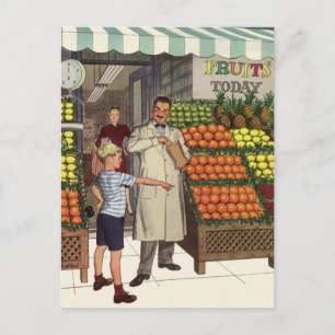 Carte Postale Entreprise vintage, stand de fruits avec Grocer et